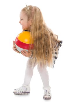 Cheerful little girl with long blond hair playing with a ball - Isolated on white background