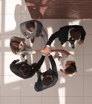 top view. a group of business people with their hands folded together. the concept of unity