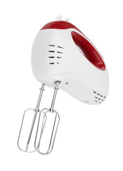 Electrical hand mixer and dishware isolated on a white background