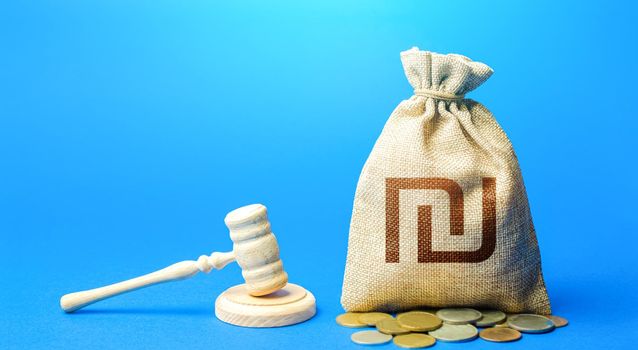 Israeli shekel money bag and judge's gavel. Litigation, dispute resolution, conflict of interest settlement. Awarding moral financial compensation. Protection rights. Justice. Lawyer services.