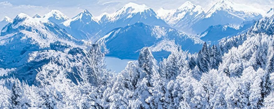 Winter wonderland and magical Christmas landscape. Snowy mountains and forest covered with snow as holiday background.