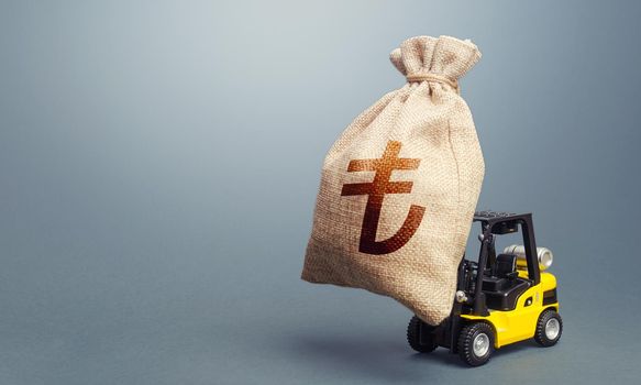 Forklift carrying a turkish lira money bag. Strongest financial assistance, business support. Stimulating economy. Anti-crisis budget. Borrowing on capital market. Subsidies soft loans.