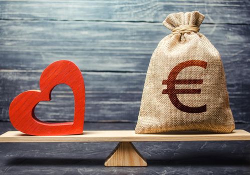 Euro money bag and red heart on scales. Health life insurance financing concept. Subsidies. Funding healthcare system. Reforming and preparing for new challenges. Support and life quality improvement