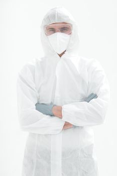 background image of a modern scientist in a protective suit.photo with copy space