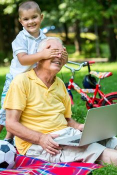 happy elderly senior grandfather and child in park using laptop computer