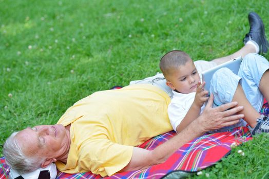 grandfather and child in park using tablet computer