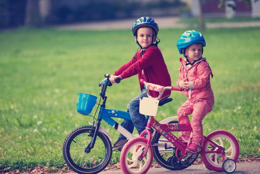happy kids in park, boy and girl in nature with bicycle have fun
