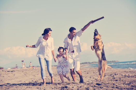 happy young family in white clothing have fun and play with beautiful dog at vacations on beautiful beach 