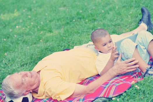 grandfather and child in park using tablet computer