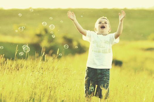 happy young beautiful child have fun on eadow with soap bubbles toy