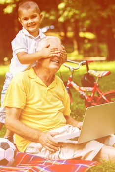 happy elderly senior grandfather and child in park using laptop computer