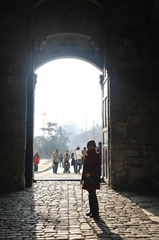 happy young tourist woman travel visit ancient istambul in turkey and old ayasofya blue mosque