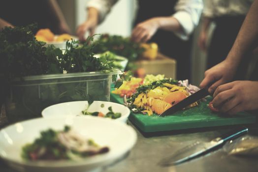 Professional team cooks and chefs preparing meals at busy hotel or restaurant  kitchen