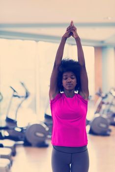 beautiful young african american woman exercise yoga in gym