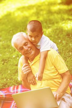 happy elderly senior grandfather and child in park using laptop computer