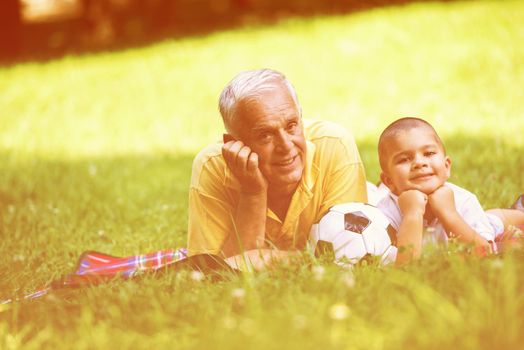 happy grandfather and child have fun and play in park on beautiful  sunny day