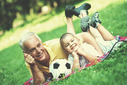 happy grandfather and child have fun and play in park on beautiful  sunny day