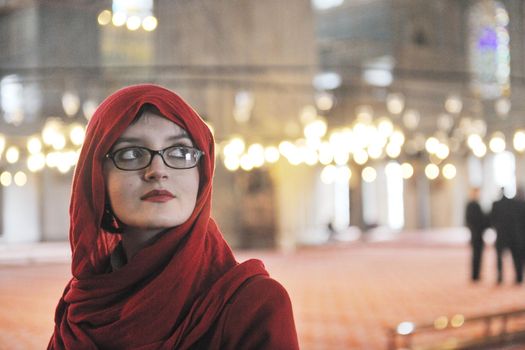 happy young tourist woman travel visit ancient istambul in turkey and old ayasofya blue mosque