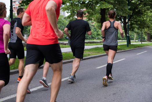 group of healthy people jogging in city park, runners team on morning training