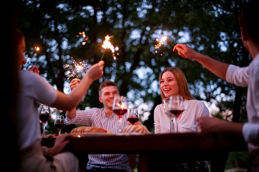 group of happy friends celebrating holiday vacation using sprinklers and drinking red wine while having picnic french dinner party outdoor near the river on beautiful summer evening in nature