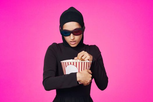 cheerful woman entertainment cinema popcorn fashion model ethnicity. High quality photo