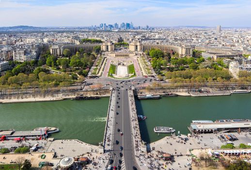 Aerial view of Paris city and Seine river from Eiffel Tower. France. April 2019