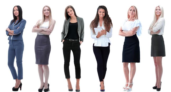 Collection of full-length portraits of young business women isolated on white background