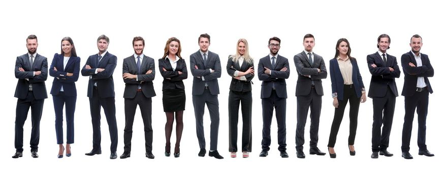 group of young successful entrepreneurs standing in a row. isolated on white background.