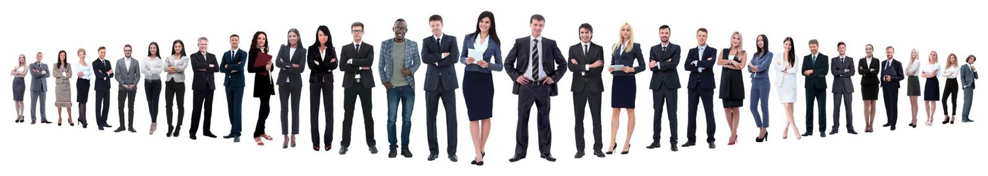 panoramic photo of a group of confident business people.isolated on white background.