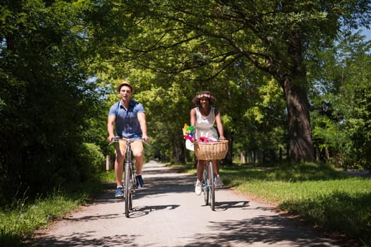 a young man and a beautiful African American girl enjoying a bike ride in nature on a sunny summer day