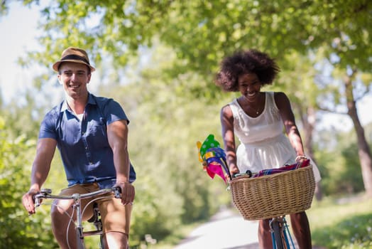 a young man and a beautiful African American girl enjoying a bike ride in nature on a sunny summer day