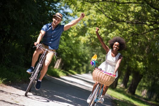 a young man and a beautiful African American girl enjoying a bike ride in nature on a sunny summer day