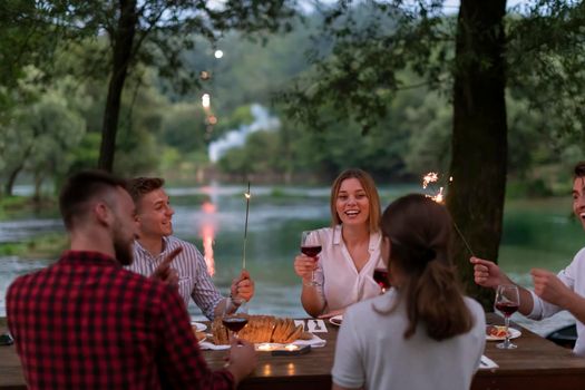 group of happy friends toasting red wine glass while having picnic french dinner party outdoor during summer holiday vacation near the river at beautiful nature