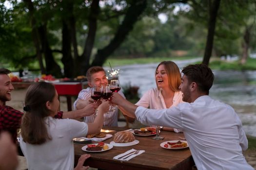 group of happy friends toasting red wine glass while having picnic french dinner party outdoor during summer holiday vacation near the river at beautiful nature