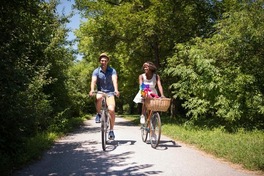 a young man and a beautiful African American girl enjoying a bike ride in nature on a sunny summer day