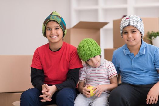 portrait of happy young boys with cardboard boxes around them in a new modern home