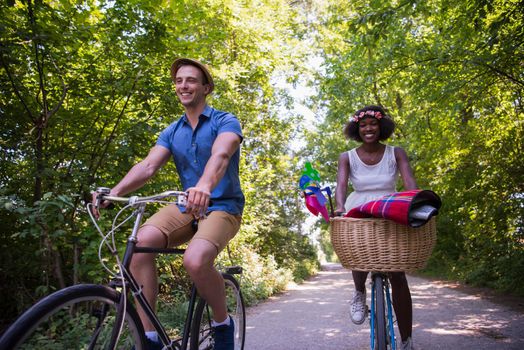 a young man and a beautiful African American girl enjoying a bike ride in nature on a sunny summer day