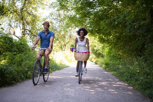 a young man and a beautiful African American girl enjoying a bike ride in nature on a sunny summer day