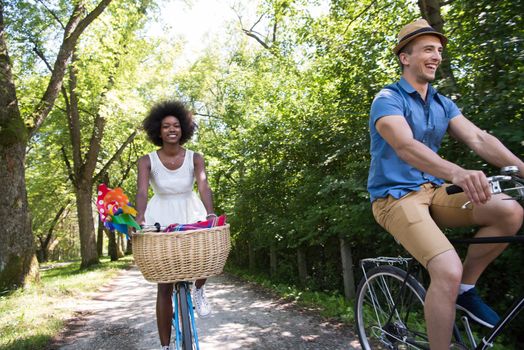 a young man and a beautiful African American girl enjoying a bike ride in nature on a sunny summer day