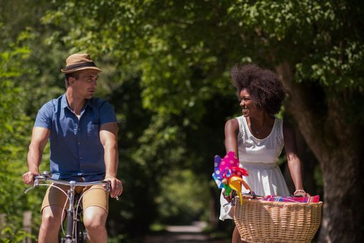 a young man and a beautiful African American girl enjoying a bike ride in nature on a sunny summer day