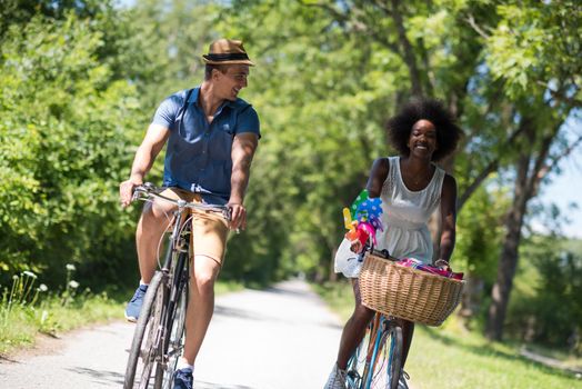 a young man and a beautiful African American girl enjoying a bike ride in nature on a sunny summer day