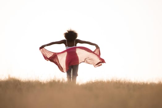 Young beautiful black girl laughs and dances outdoors with a scarf in her hands in a meadow during sunset