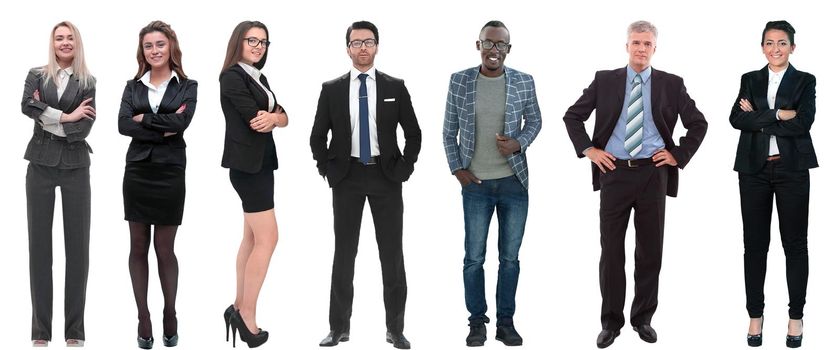 collage of a variety of business people standing in a row. isolated on white background .