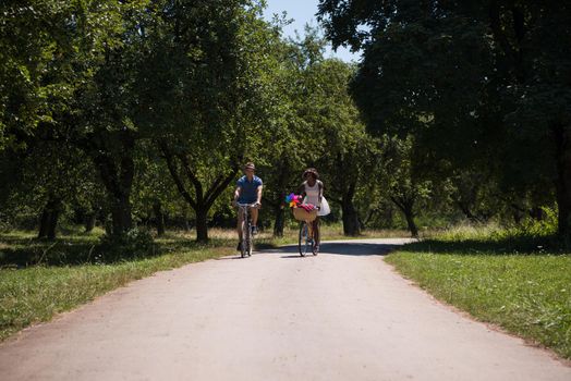 a young man and a beautiful African American girl enjoying a bike ride in nature on a sunny summer day