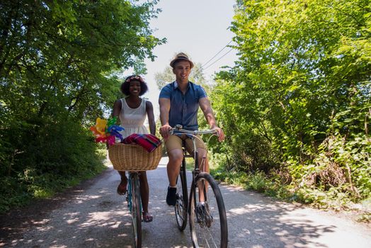 a young man and a beautiful African American girl enjoying a bike ride in nature on a sunny summer day