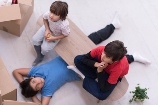 portrait of happy young boys with cardboard boxes around them in a new modern home top view