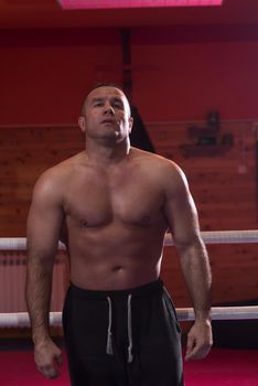 portrait of muscular professional kickboxer who standing in the ring while training for the fight