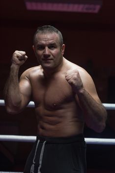 professional kickboxer with hands in martial arts position training for the fight in the training ring