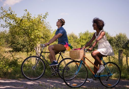 a young man and a beautiful African American girl enjoying a bike ride in nature on a sunny summer day