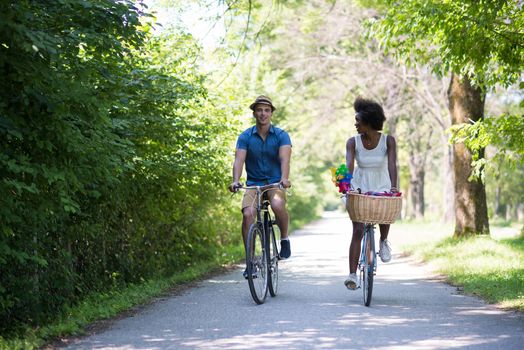 a young man and a beautiful African American girl enjoying a bike ride in nature on a sunny summer day